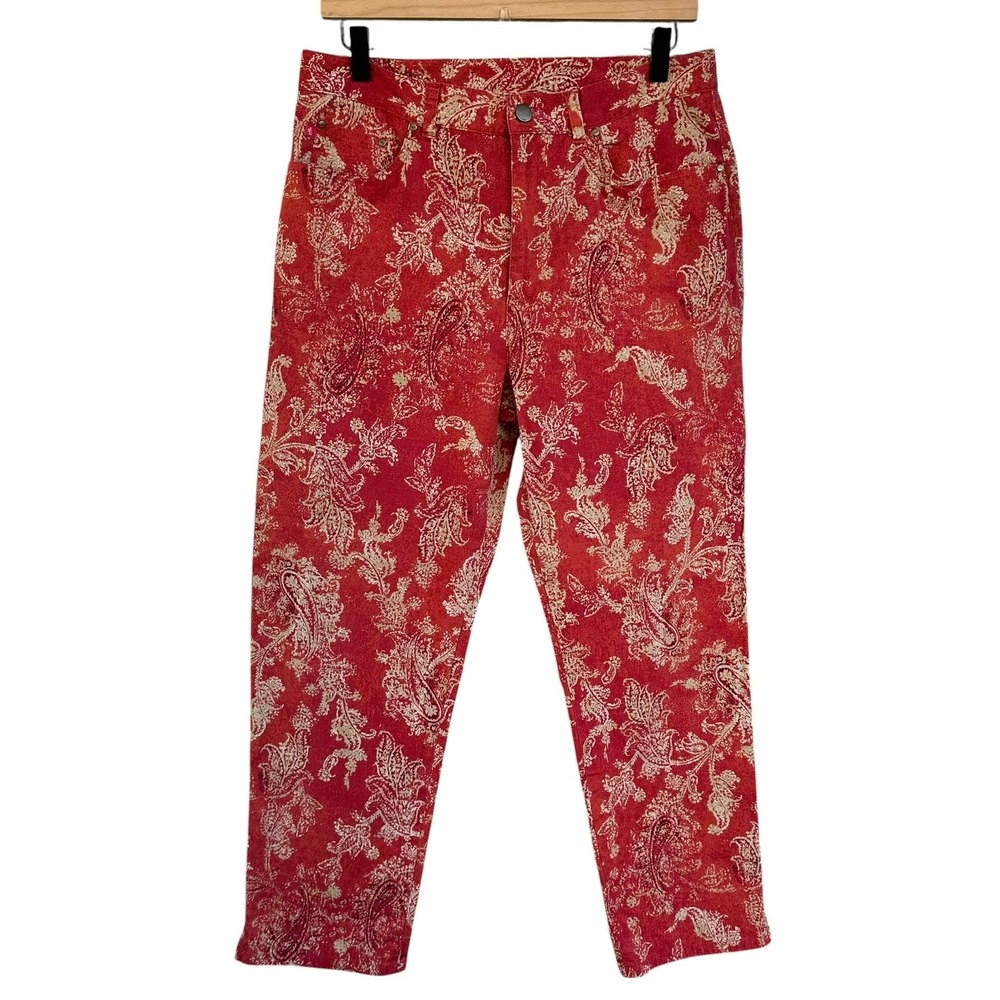 Vintage Y2K Lauren Ralph Lauren Red Paisley Print Ankle Slit Pants Size 12 Boho